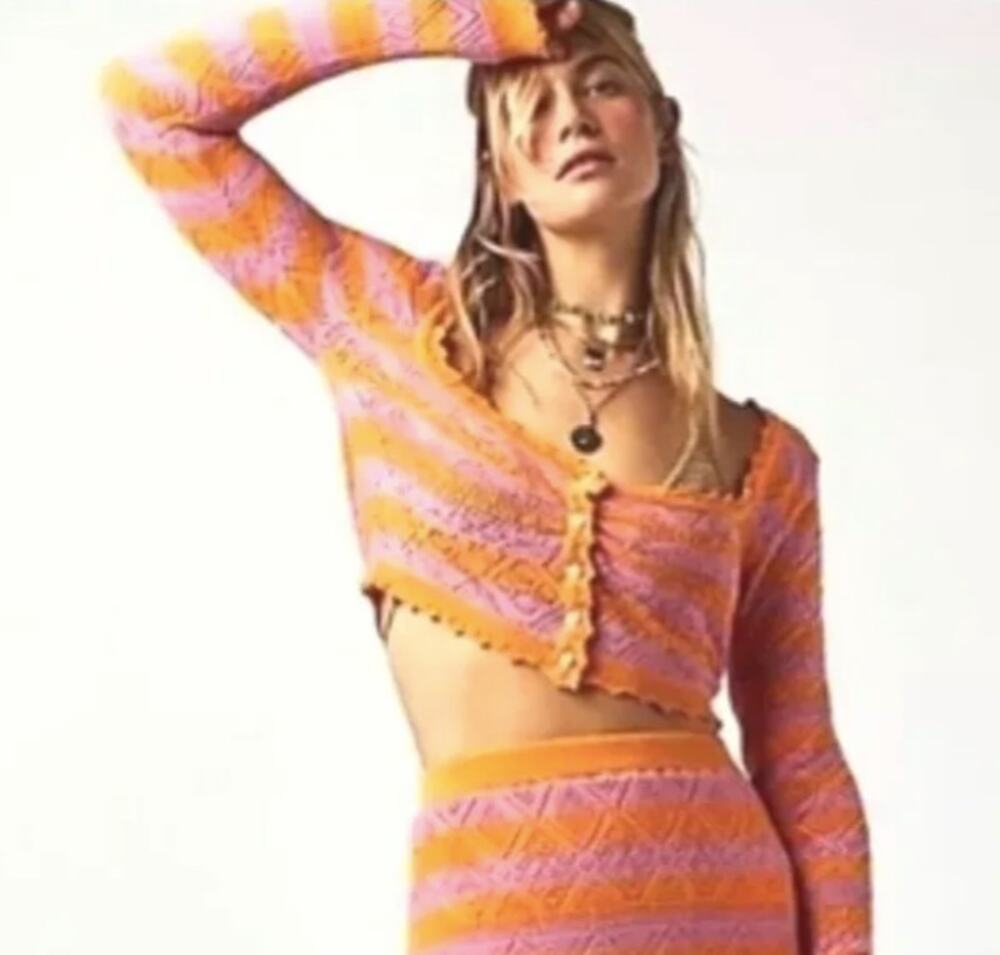 Free People Orange Pink Benny Knit Striped Crochet Cardigan Sweater Size S